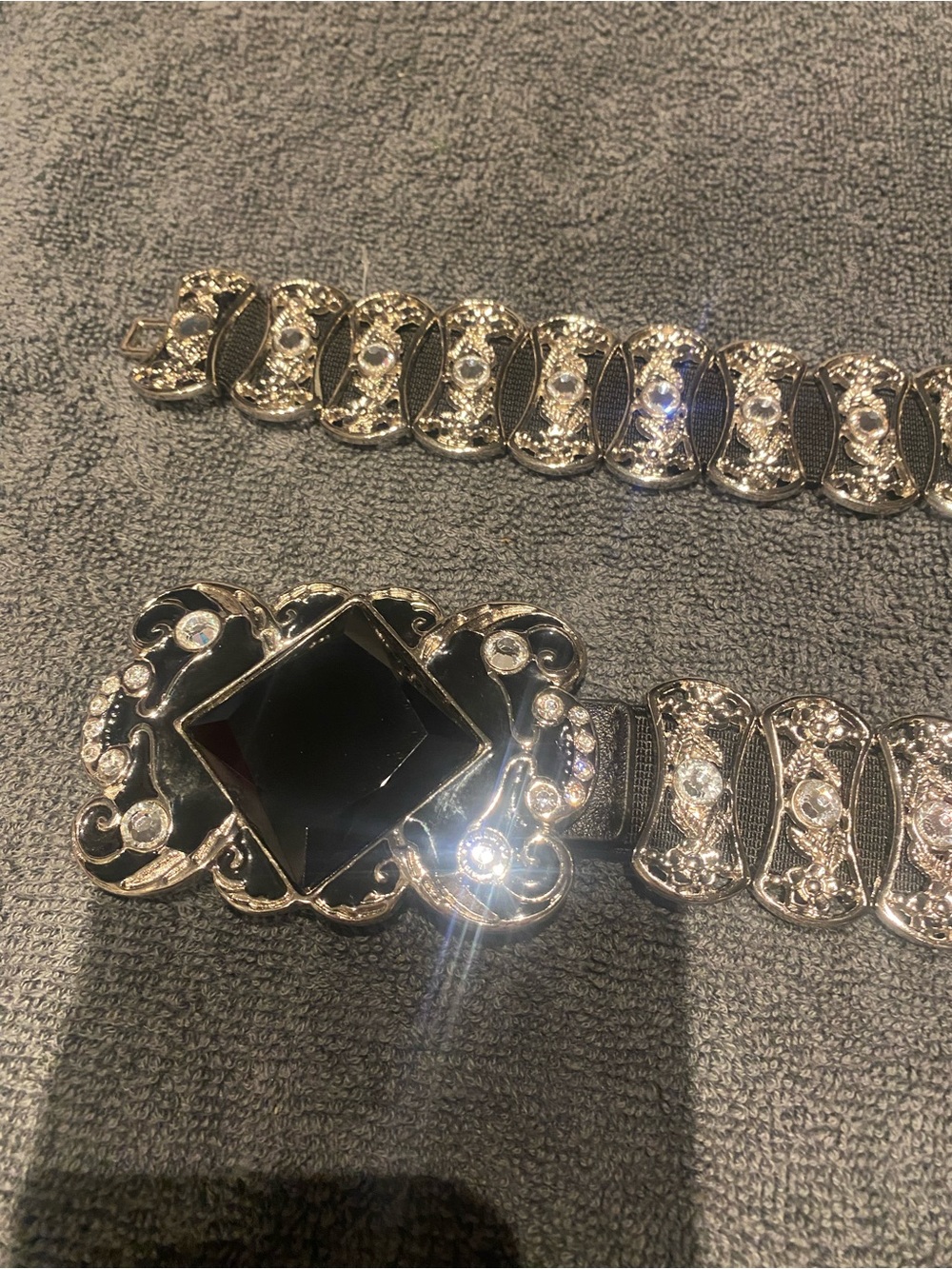 Silver-Tone Decorative Phone Strap with Black Gem Accent